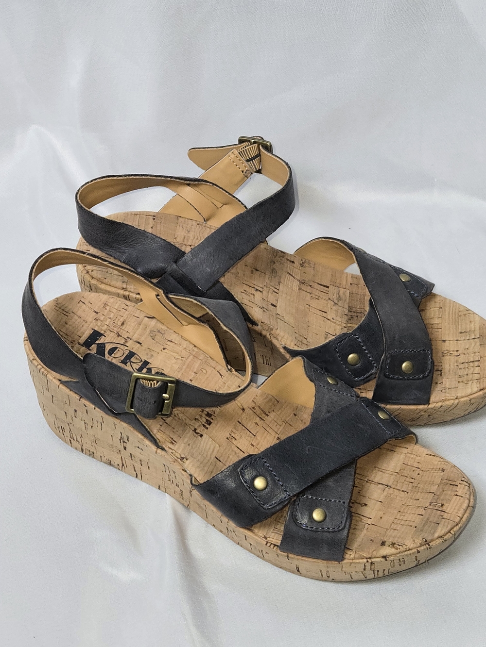 Kork's Women's Blue Cork Wedge Sandals with Adjustable Ankle Strap